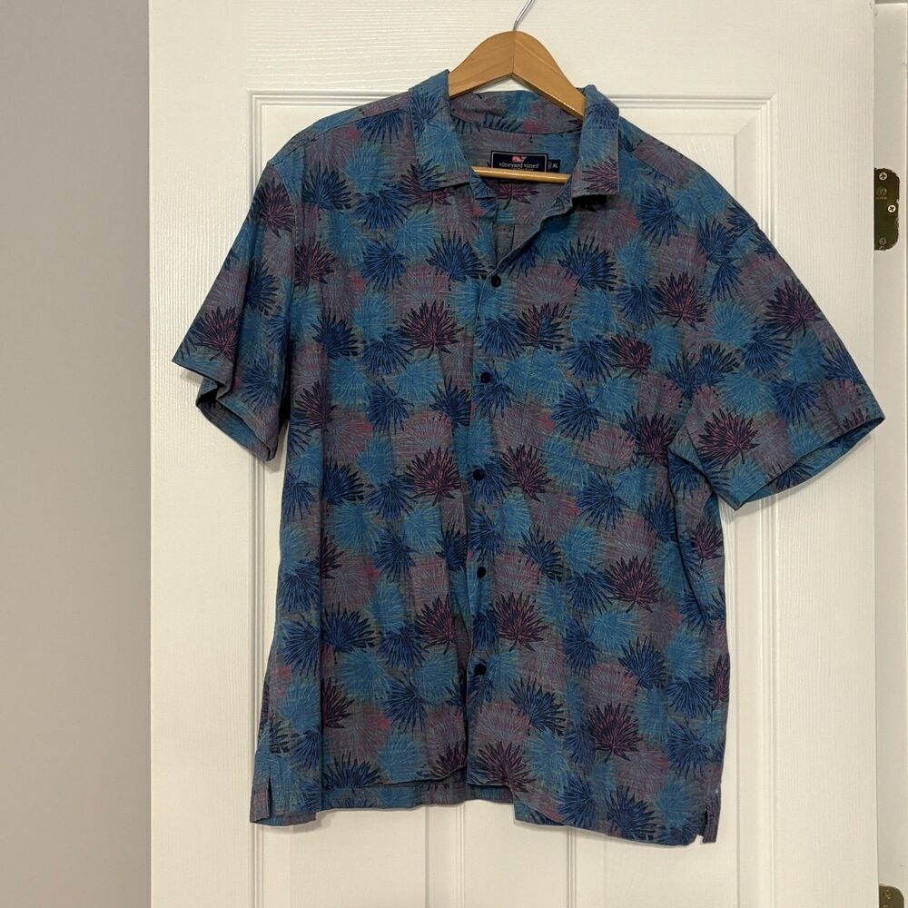 Vineyard Vines Cabana Shirt Mens XL Blue Floral Short Sleeve Island Life Pocket
